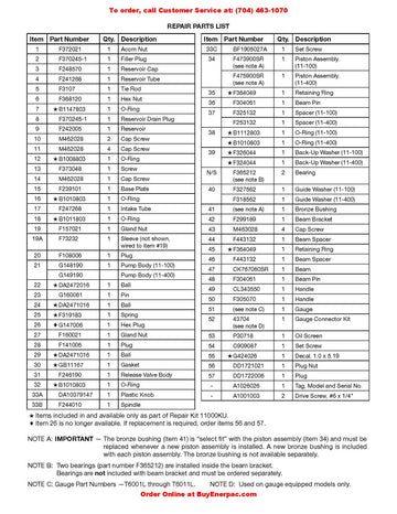 Parts list of Enerpac 11000KU Repair Kit