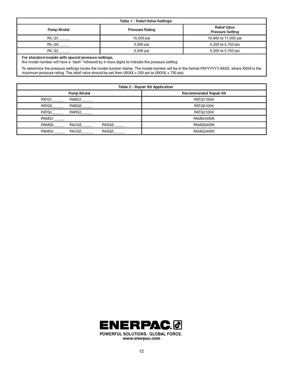 PATG1100K Enerpac Repair Kit for patg1102n, patg1105n, parg1102n & parg1105n